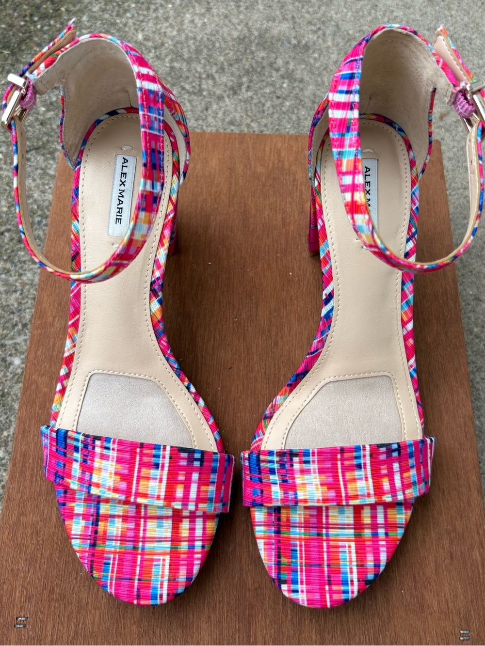 Alex Marie Halmar Plaid Block Heel Sandals Multi Color Pink Ankle-Straps